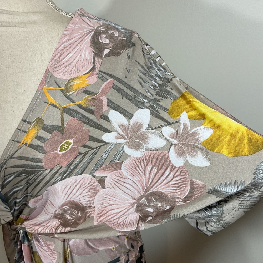 Karlie Dress Women S Taupe Tropical Twist Front Batwing Sleeve Resort Cocktail - Picture 4 of 15